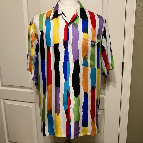 VTG Genelli Silk Shirt MULTICOLOR Paint Design PASTELS - Sz L Excellent! - Picture 4 of 15